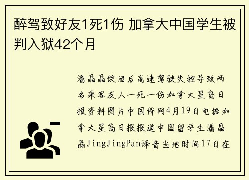 醉驾致好友1死1伤 加拿大中国学生被判入狱42个月