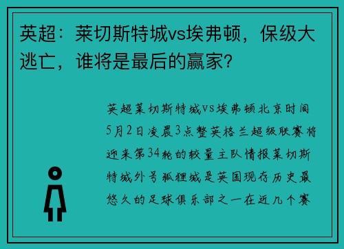 英超：莱切斯特城vs埃弗顿，保级大逃亡，谁将是最后的赢家？